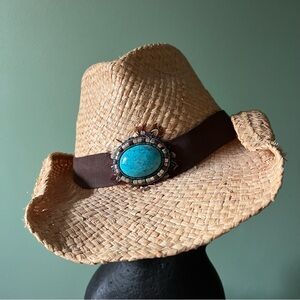 Straw Scala Women’s Straw Cowboy Hat with Turquoise Accent missing feathers